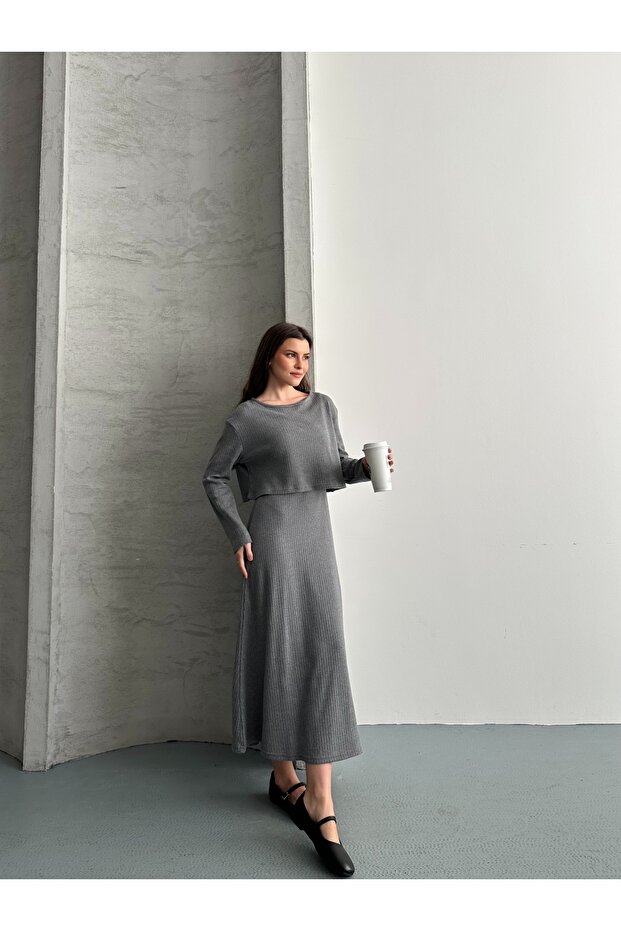 Women's Brushed Dress and Crop Blouse Two-Piece Set