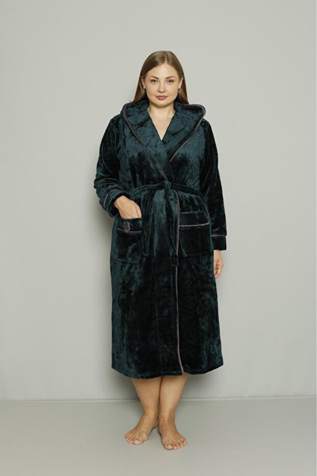 Women's Double Pocket Hooded between Piped Belted Ultrasoft Bathrobe
