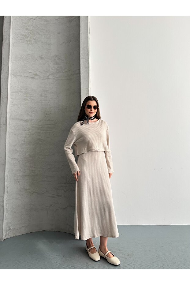 Women's Brushed Dress and Crop Blouse Two-Piece Set