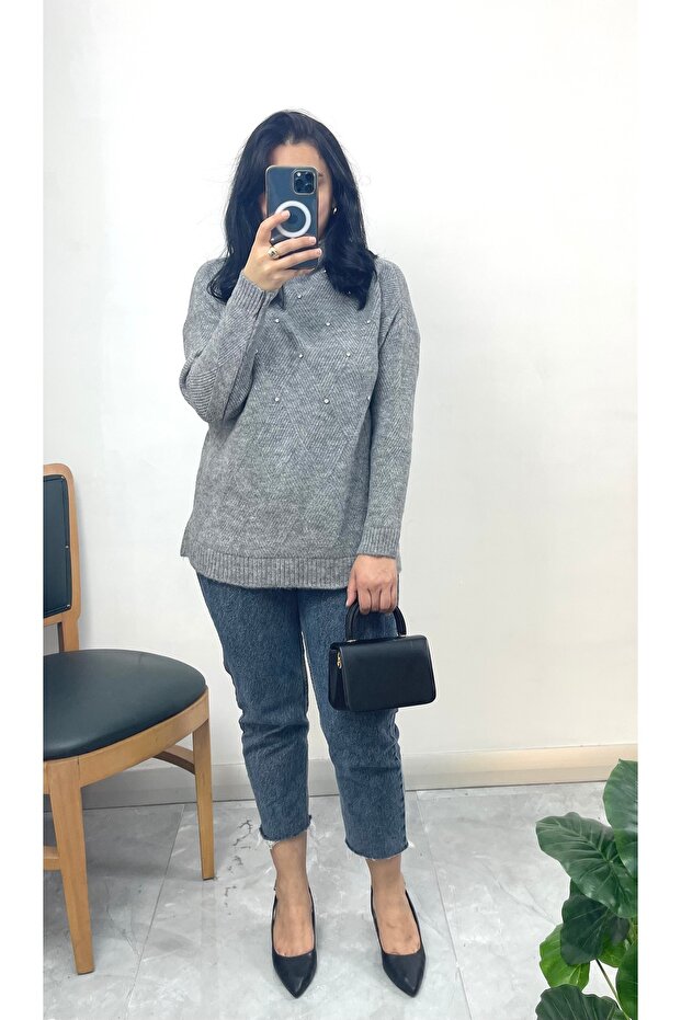 Stone Detailed Half Fisherman Knit Sweater