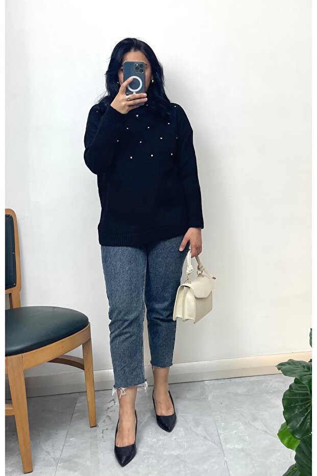 Stone Detailed Half Fisherman Knit Sweater