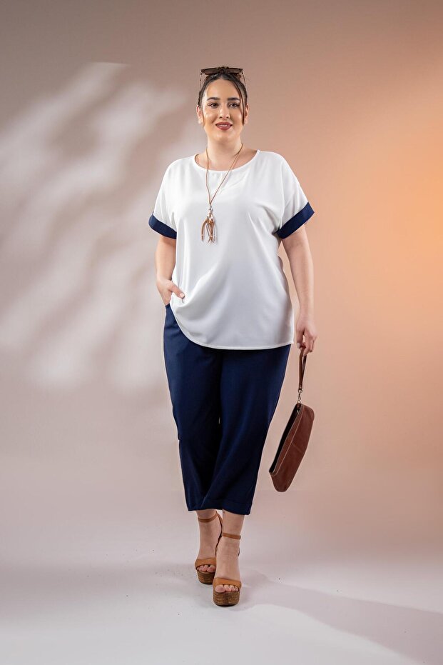 1112049 Women's Plus Size Navy Blue Sleeve Paneled Blouse