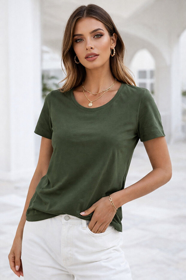 Women's Khaki Crew Neck Short Sleeve T-Shirt