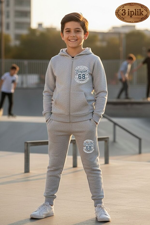 Boy's Boston Printed Hooded 3 Thread Ş Fleece-Lined Zippered Tracksuit Set