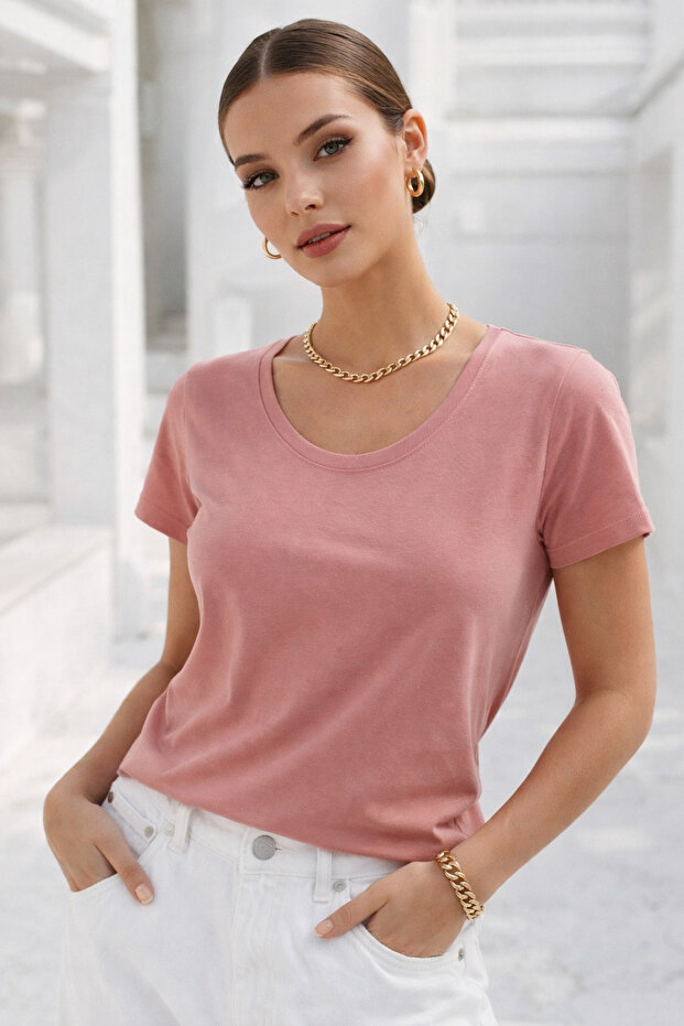 Women's Pink Crew Neck Short Sleeve T-Shirt