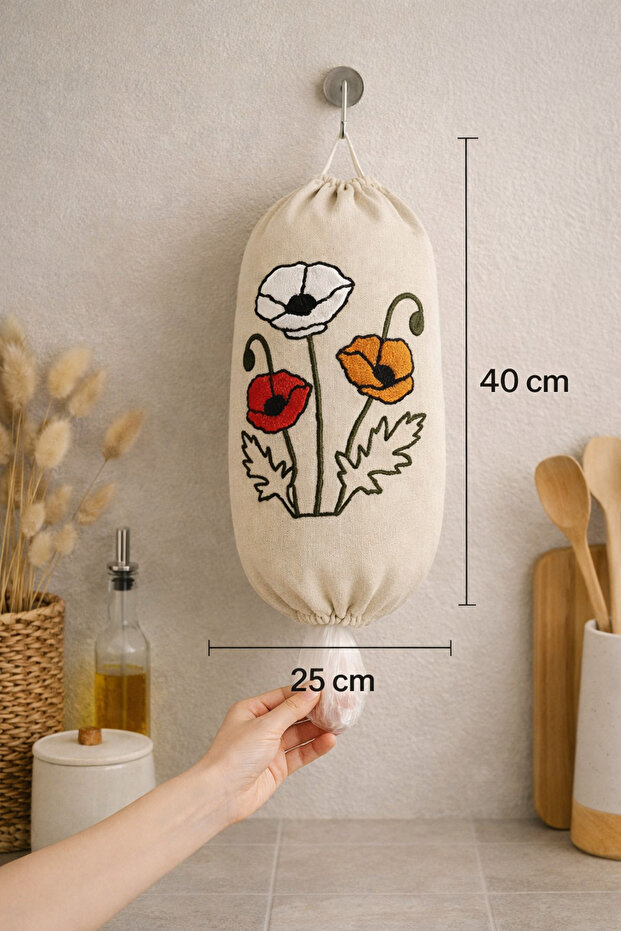 Punch Embroidered Bag Holder - Bag Organizer - Bag Organizer Linen 40X25 cm 1 Piece