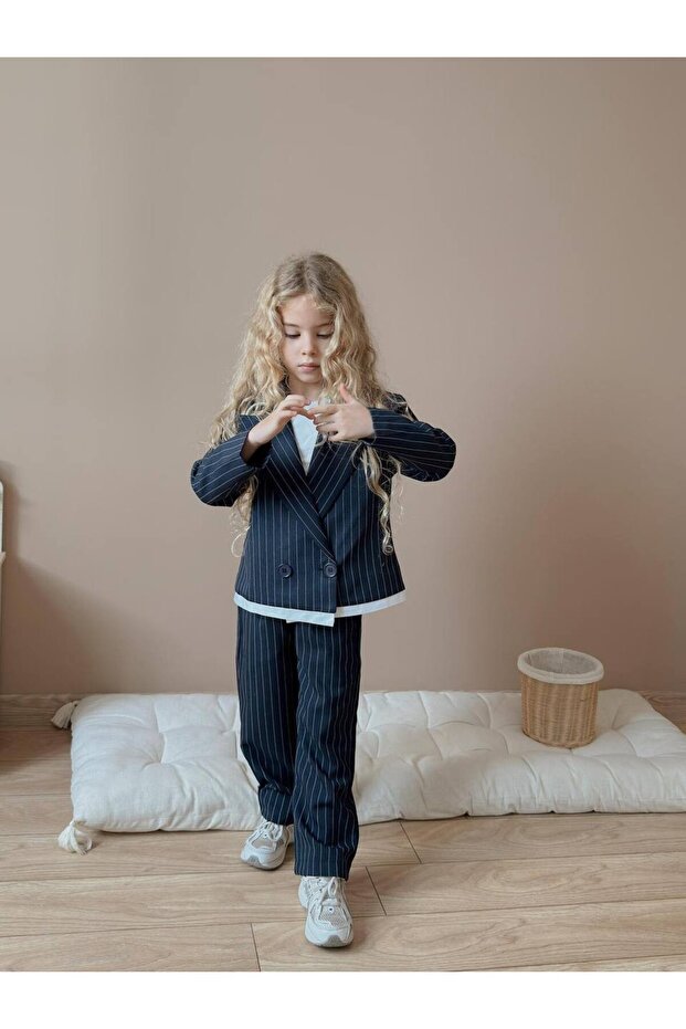 Girl's Polyviscon Striped Blazer with Jacket 2-Piece Jacket Pants Woven Fabric Set