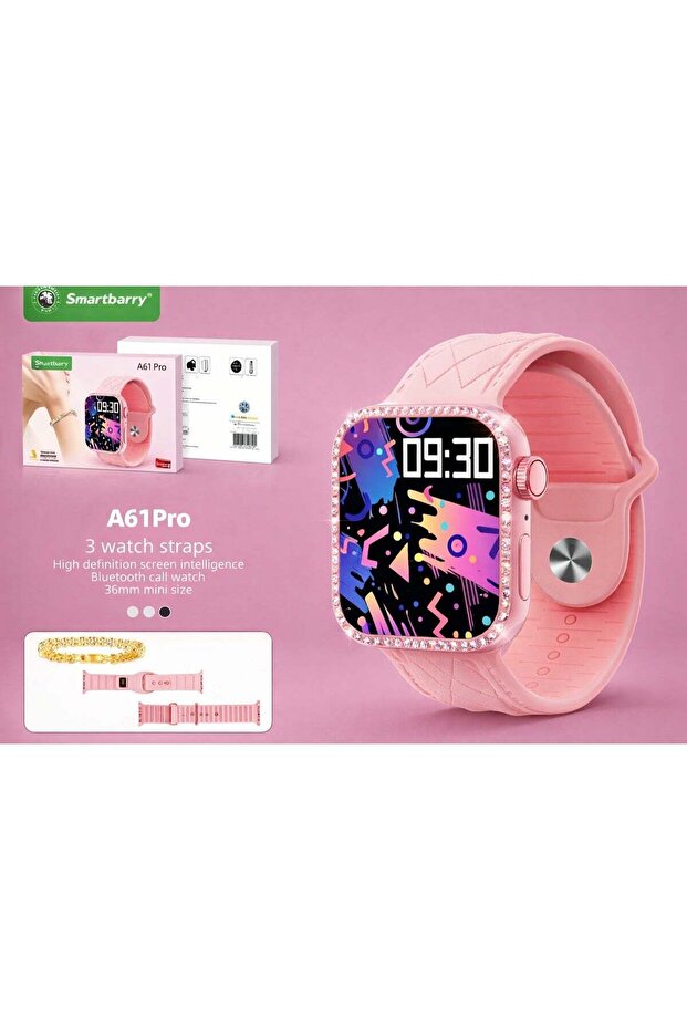 Smartbarry A61 Pro Bluetooth Calling Smartwatch with Bracelet – HD Screen, Mini Size, 3 Straps