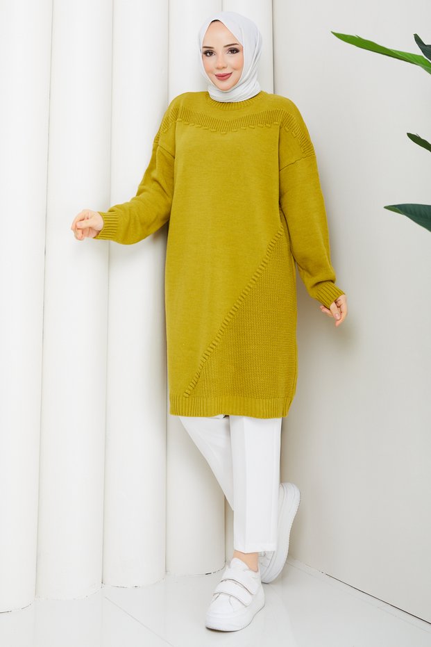 Women's Half Turtleneck Knit Detailed Knitwear Tunic Oil Green