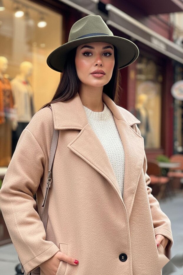 Basic Düğmeli Cepli Uzun Kaşe Kaban Taba - 2