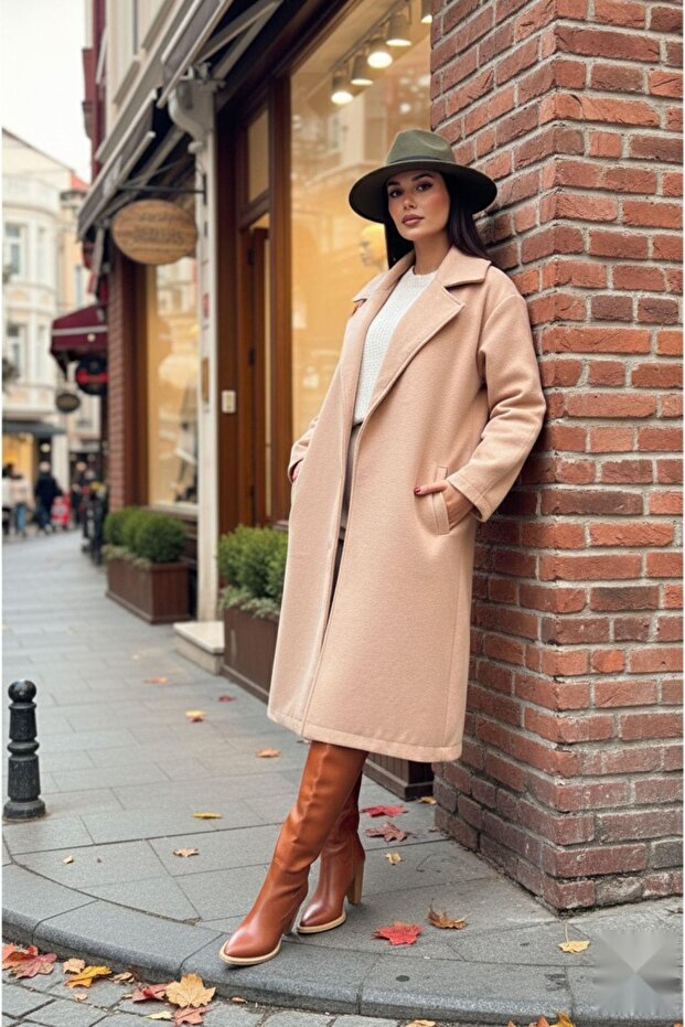 Basic Düğmeli Cepli Uzun Kaşe Kaban Taba - 4