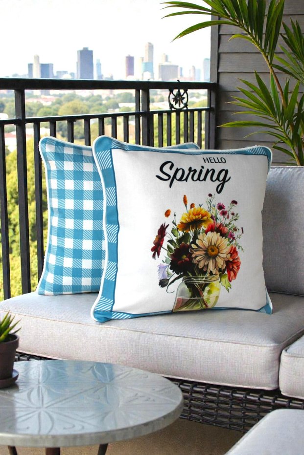 Throw Pillow Cover 2-Piece Spring Themed 45X45 Raschel Knitted Velvet Digital Printing White Piped
