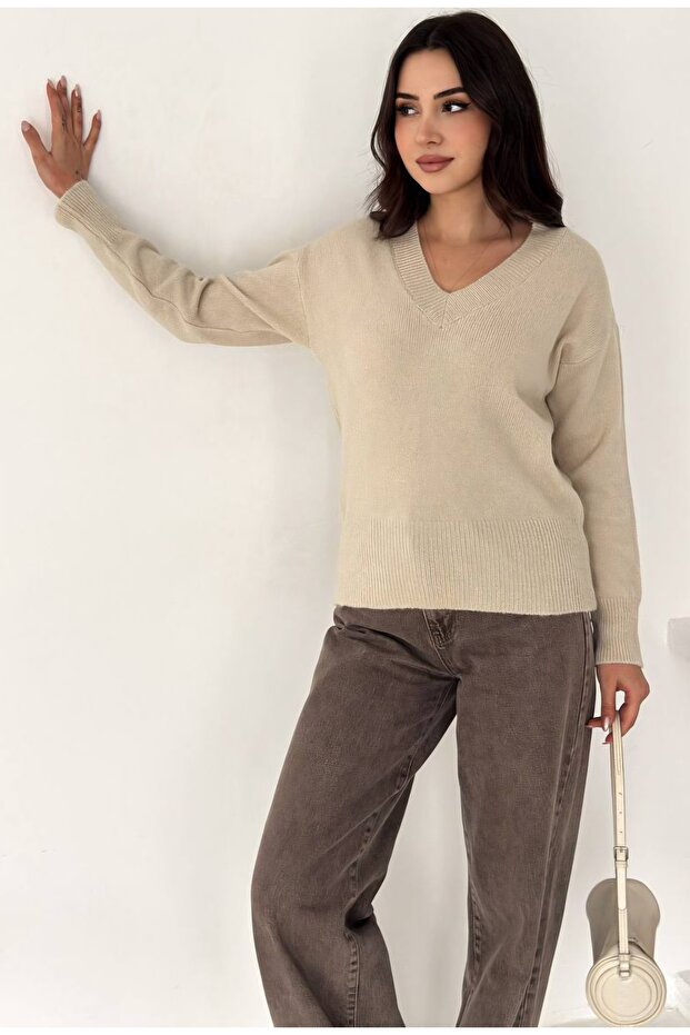 V Yaka Basic Triko Süveter - 1