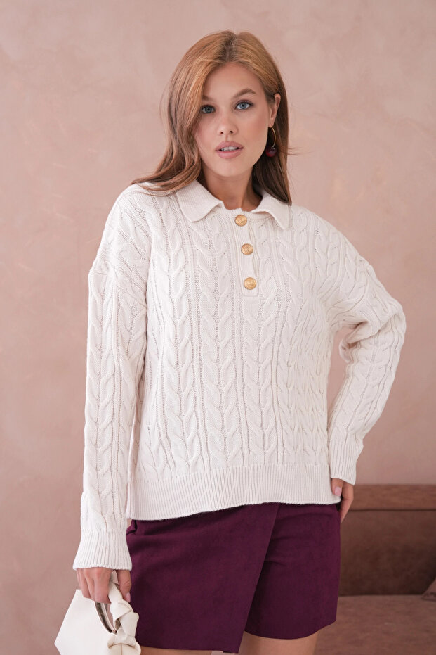 Women's Polo Button Detail Cable Knit Sweater 8530Sw