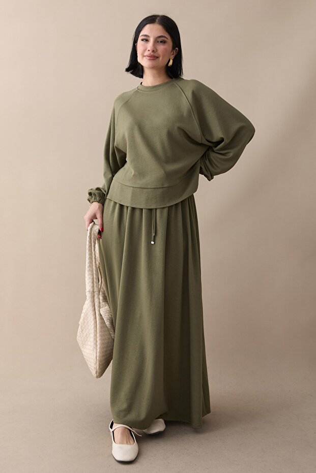 Basic Biyeli Etekli Modal Takım Haki - 3