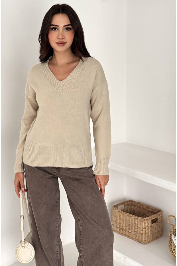 V Yaka Basic Triko Süveter - 4