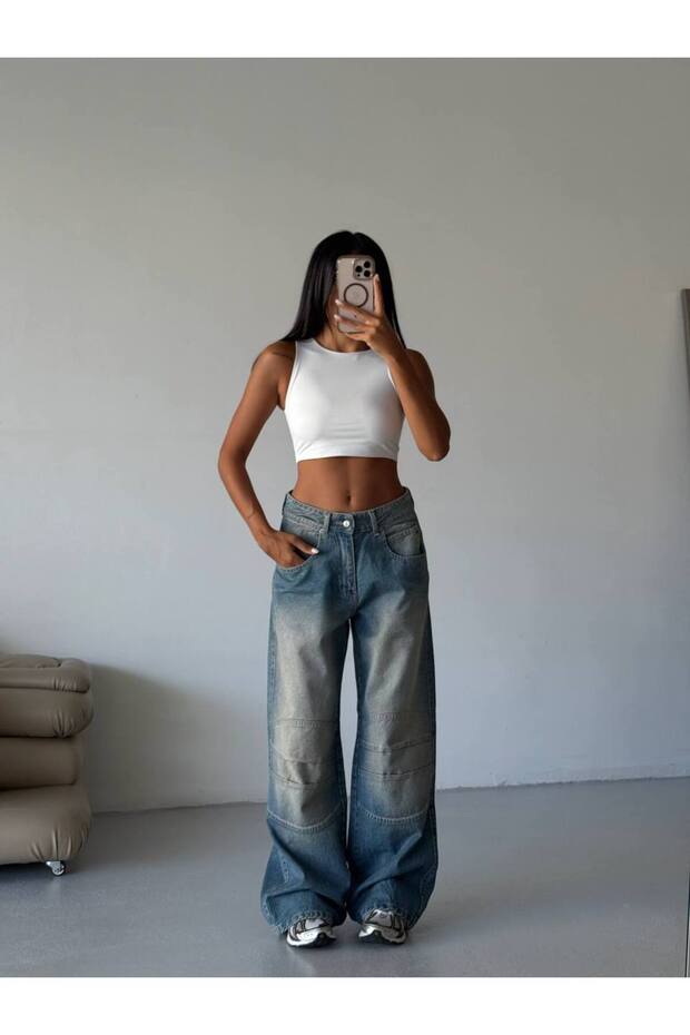 Wide-Leg Jeans with Stitching Details Denim - 1