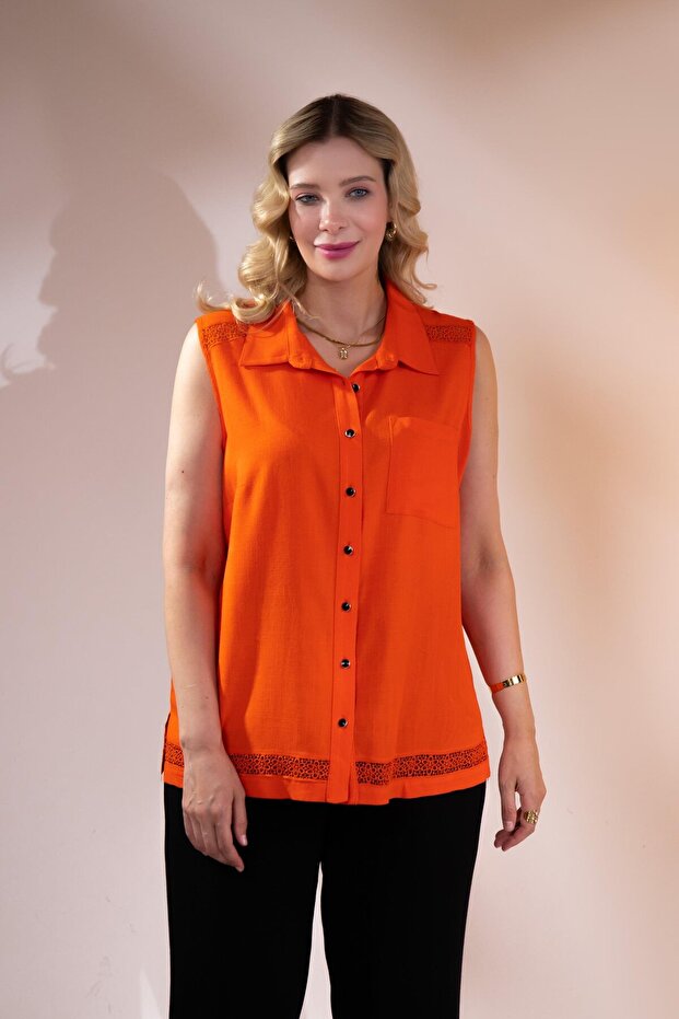 1112071 Women's Plus Size Orange Guipure Striped-Pocketed Blouse
