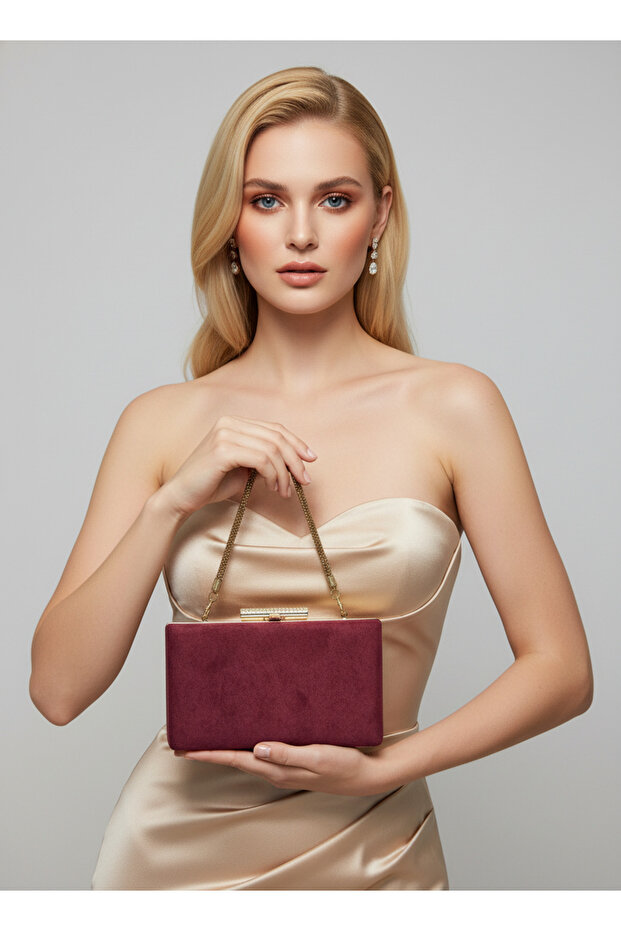 Burgundy Gold Luxury Suede Chain Handle Women's Evening Dress Bag