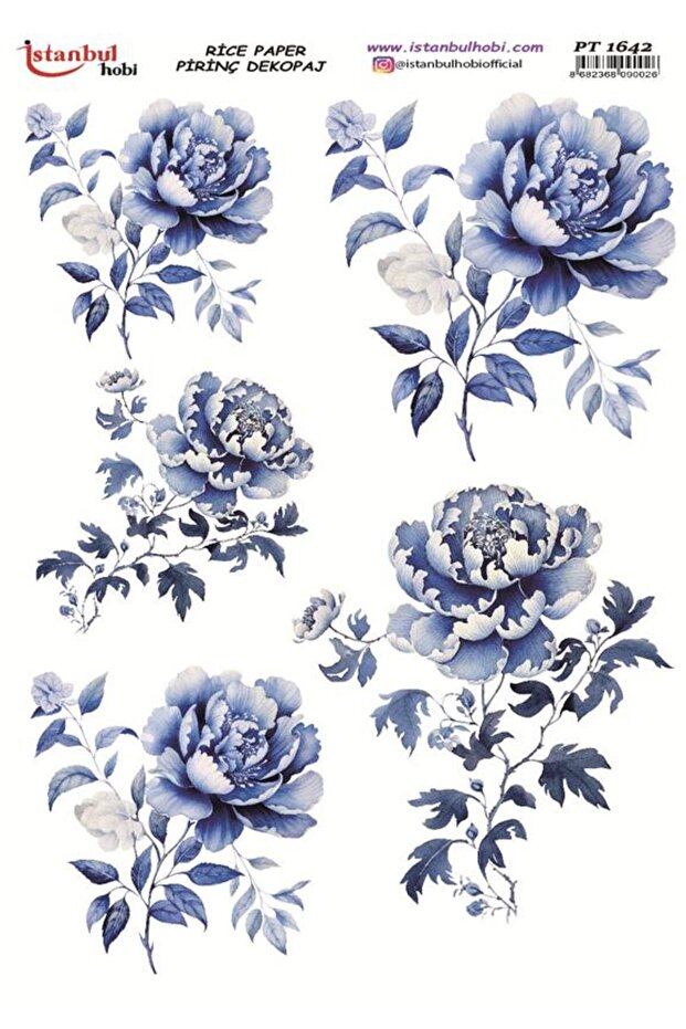 Rice Decoupage Paper 30X42Cm Pt-1642 Blue Flowers