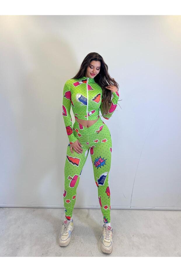 Green Patterned Leggings and Bustier Three-Piece Set