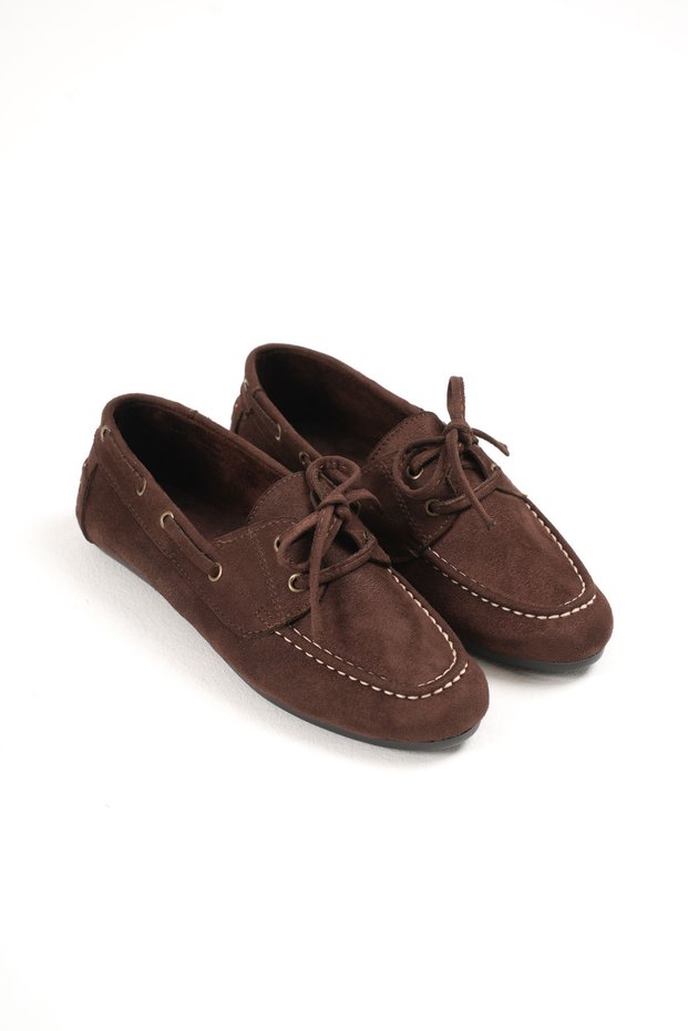 Women's Brown Suede Daily Casual Classic Lace-Up Detail Loafer Ballet Shoes