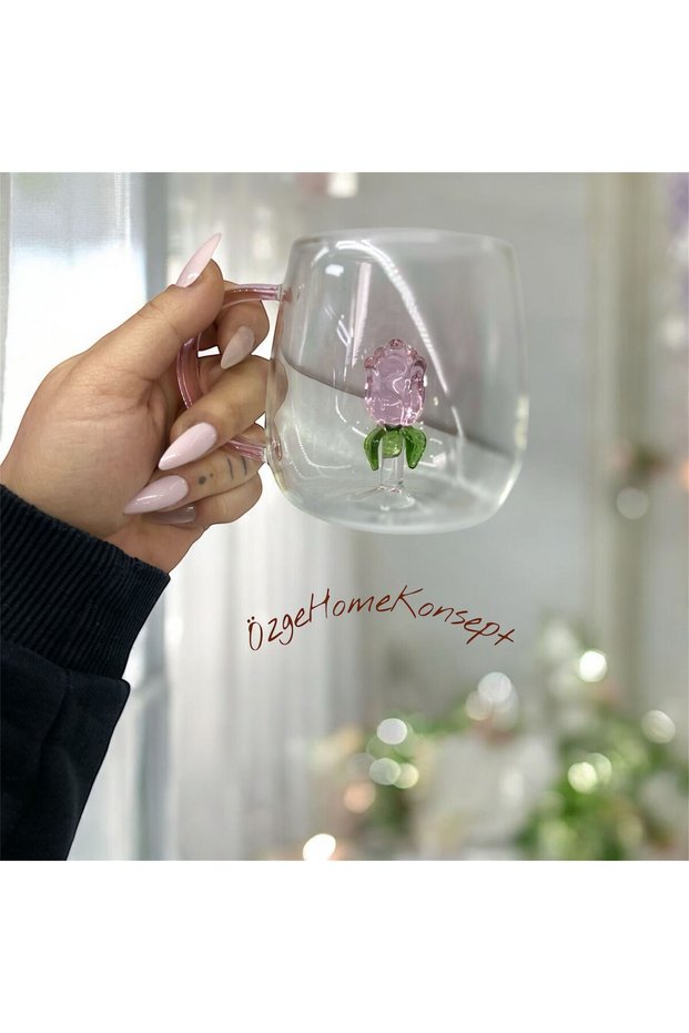 Glass 3D Rose Figured Transparent Mug – 350 ml Heat-Resistant Decorative Glass Cup
