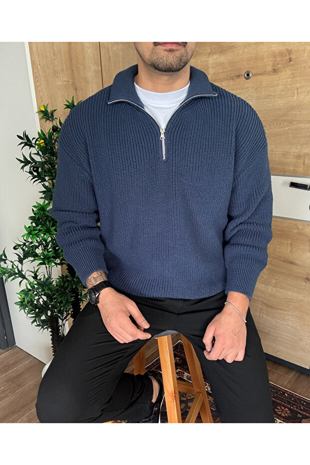 Oversize Yarım Fermuarlı Kazak Kalın Örme - 5