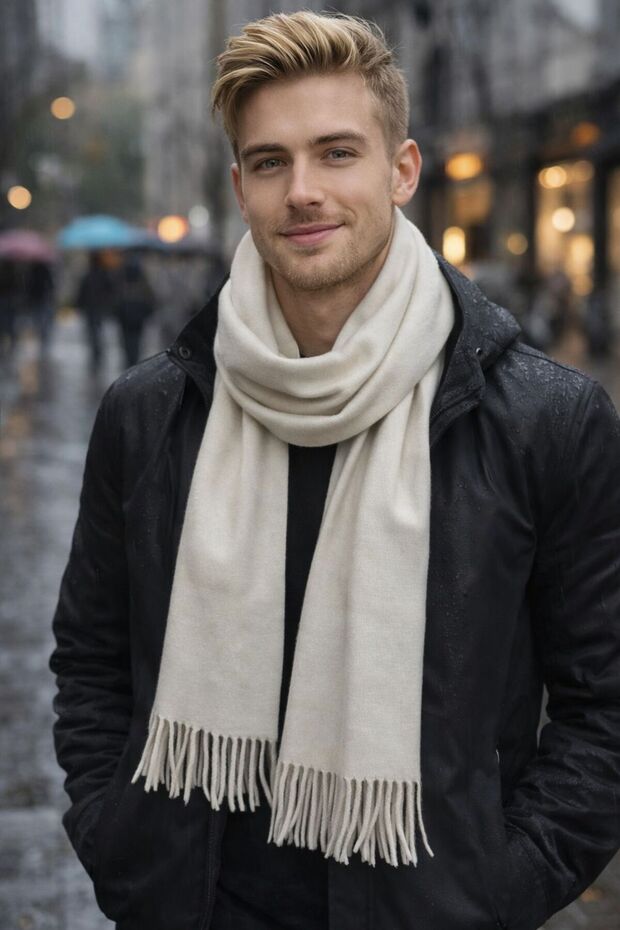 Ecru Wool Cashmere Tasseled Men's Scarf 180X33 cm