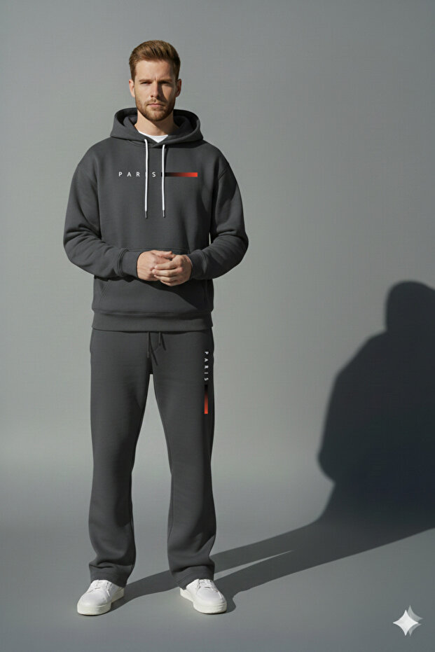 Three Thread Hooded Inside Cotton Paris B Printed O Oversized Tracksuit Set