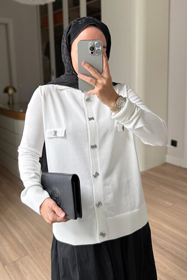 Brooch Detail Mercerized Hijab Cardigan - White