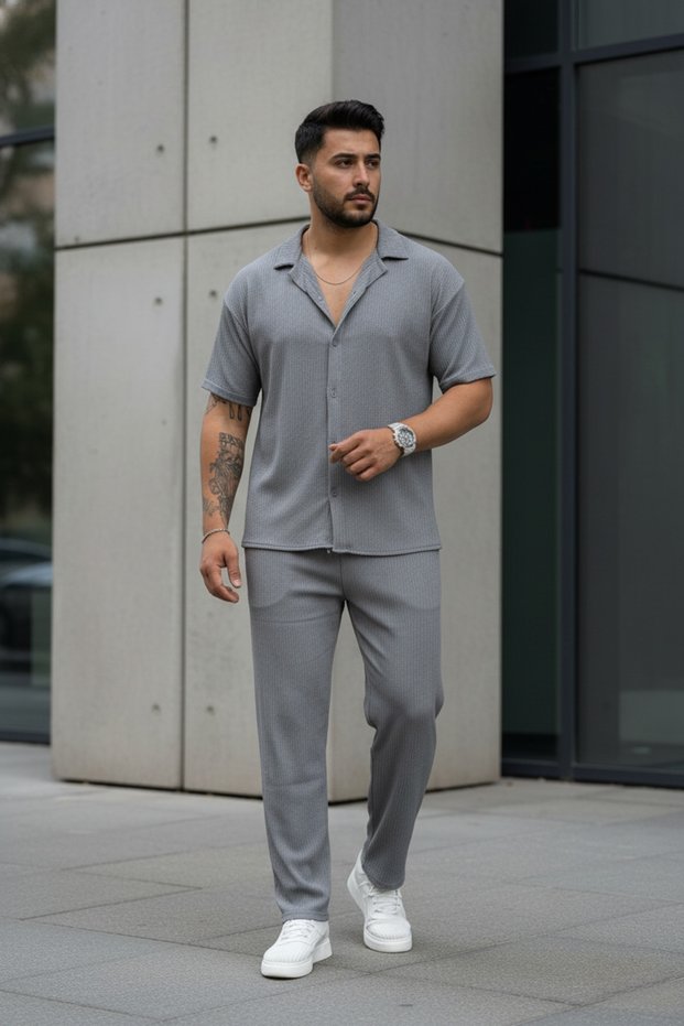 Men's Trend Summer Comfortable Fit Wrinkle-Resistant Fabric Short Sleeve Shirt and Pants Set