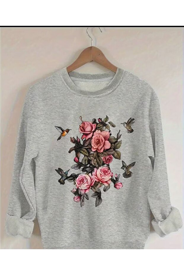 Pink Rose Print Detailed Crew Neck Sweatshirt