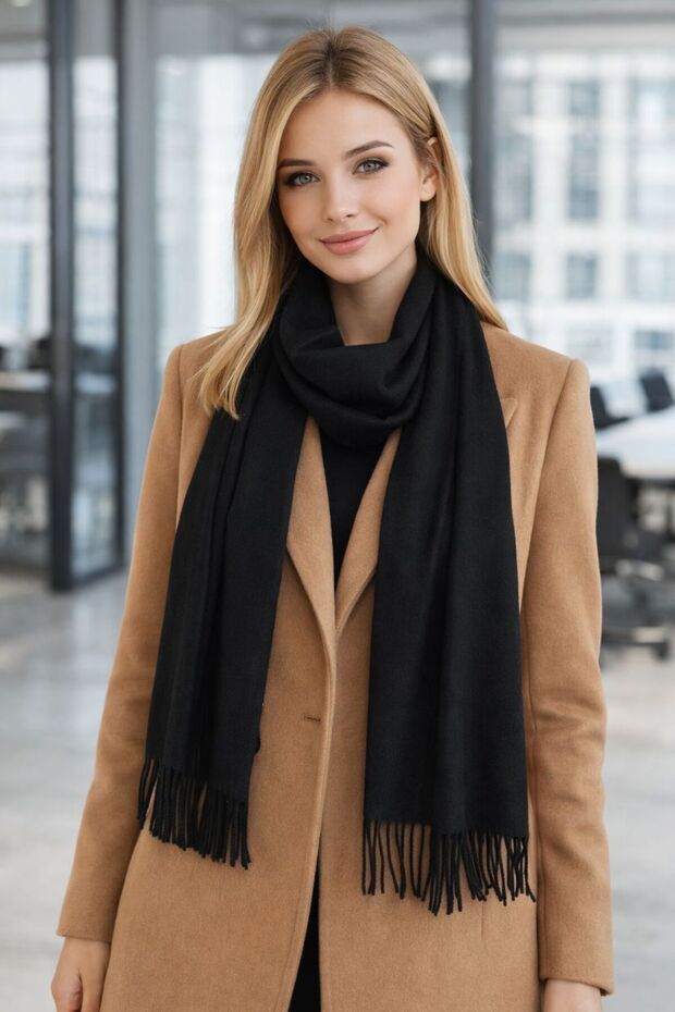 Black Wool Cashmere Tasseled Women's Scarf 180X33 cm