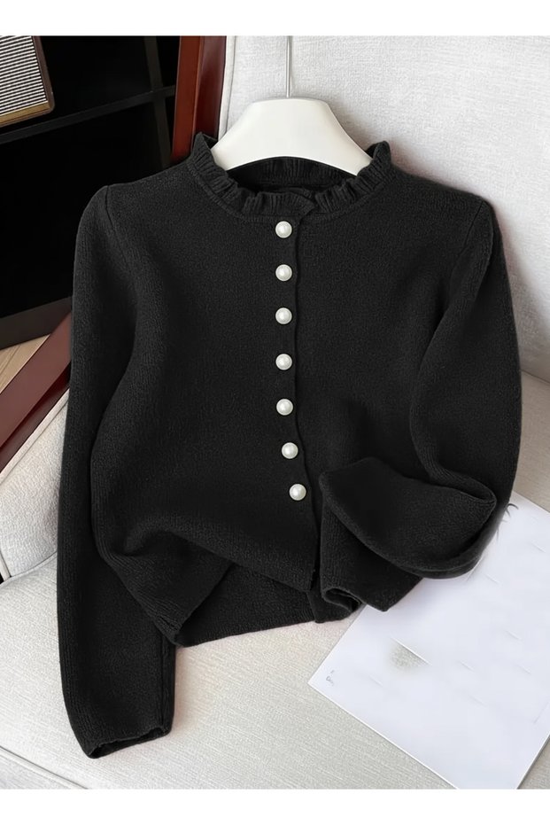 Women's Pearl Soft Fuzzy Black Knitwear Cardigan with Buttons