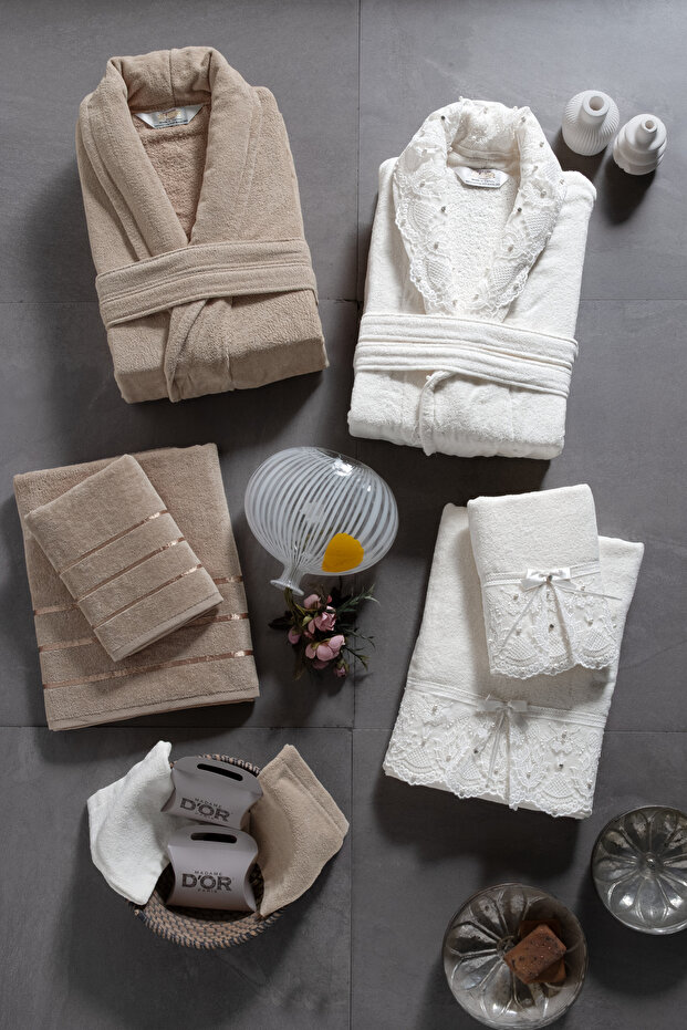 İlya 10-Piece Family Bathrobe Set - Premium, Lace Bathrobe Set + 2 Scrub Mitts and 2 Soaps as a Gift, Bridal