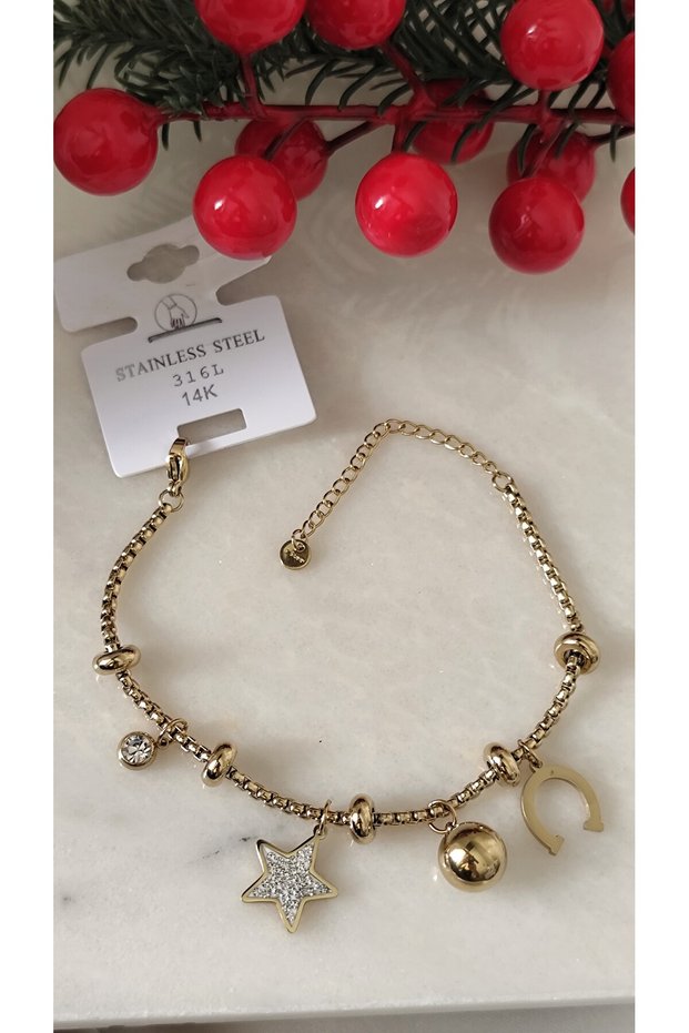 100% Steel Star Charm 316L Steel Bracelet Does Not Tarnish or Fade 17+5 cm