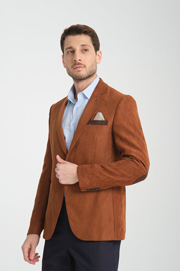 Racinos Men's Camel Thick Velvet Fabric Elbow Slim Fit Slim Fit Sports Blazer Jacket
