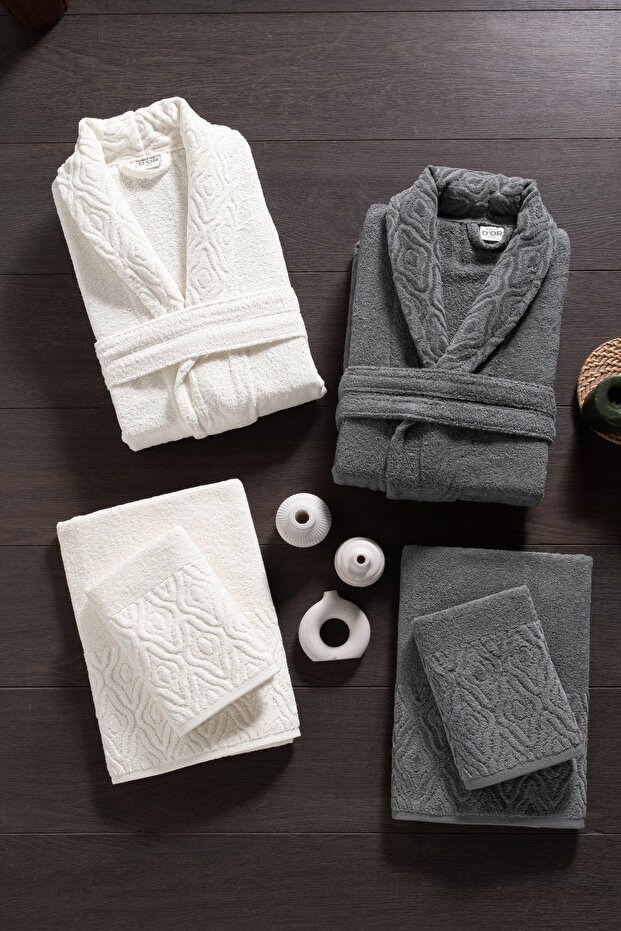 Hira 6-Piece Family Bathrobe Set - 100% Cotton, Luxury, Jacquard Bathrobe Set, Giftable, Dowry