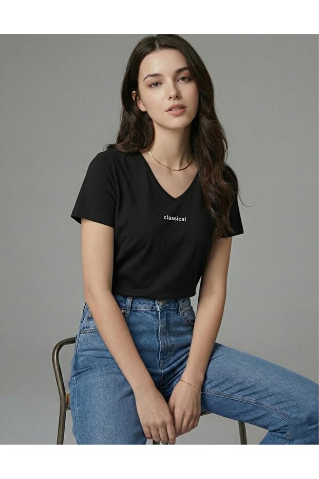 Women's V-Neck Classical Printed Regular Fit T-Shirt