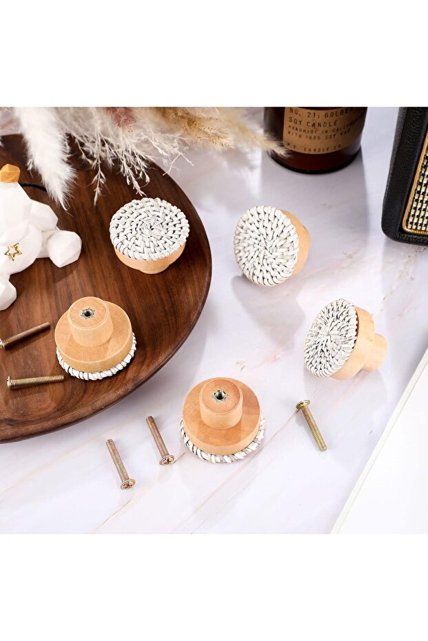 Wooden Drawer Knobs, Rattan Dresser Knobs - 6