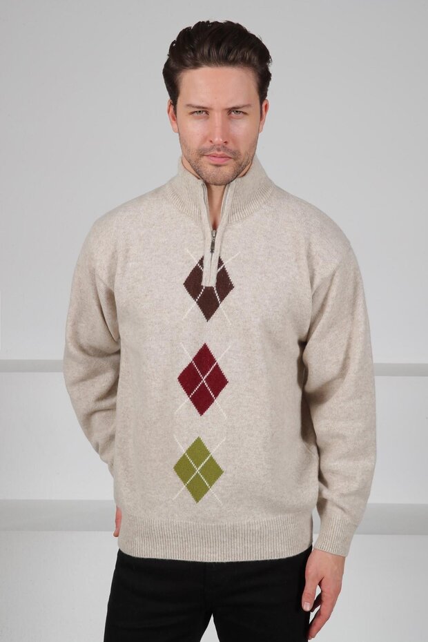 A.Beige/Brown Turtleneck Zippered Brown Burgundy Patterned 100% Lamb Wool Men's Knitwear Sweater