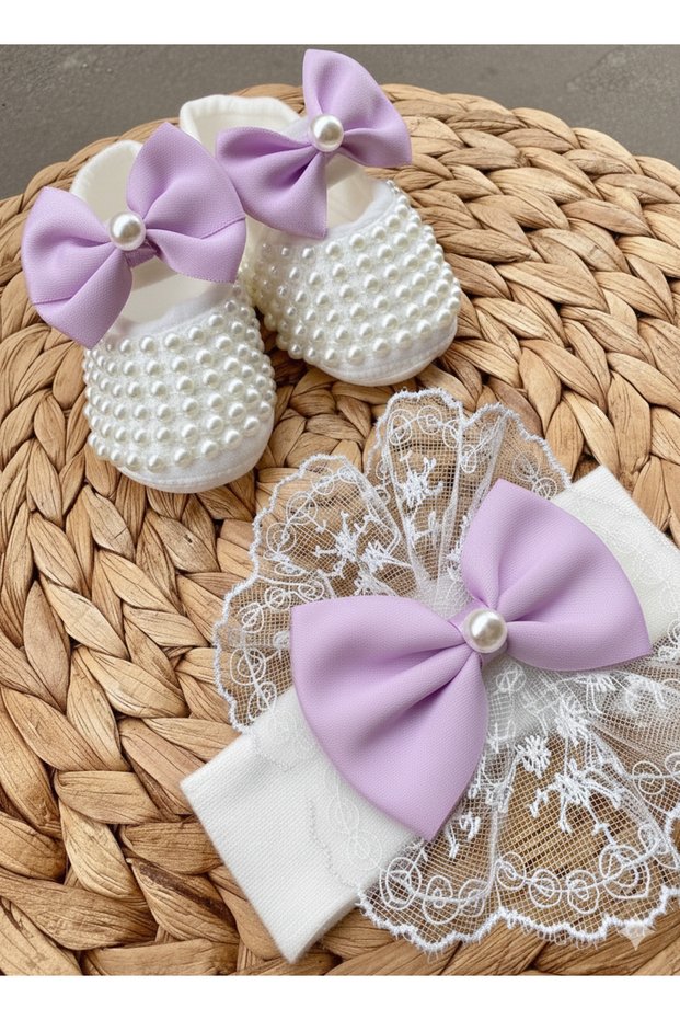 Baby Girl Bow Detail Shiny Pearl Booties Lace Bandana Set 10 cm Gift Booties Luxury Hook-and-Loop