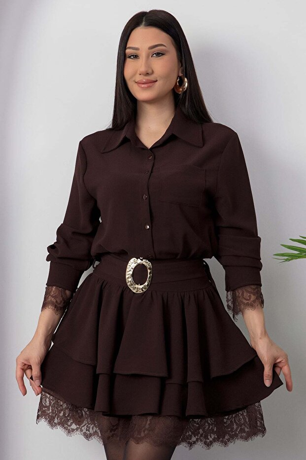 Gömlek Yaka Dantel Detaylı Kat Kat Elbise GRS3858 - 7