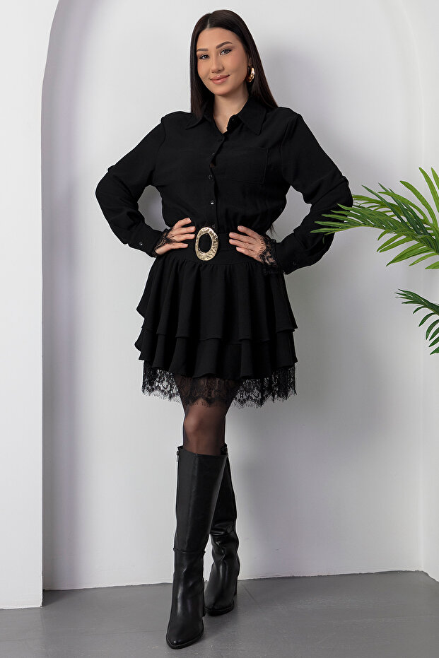 Gömlek Yaka Dantel Detaylı Kat Kat Elbise GRS3858 - 3