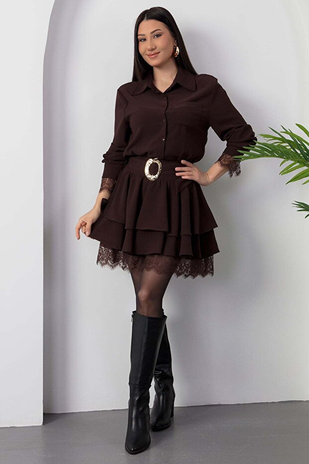 Gömlek Yaka Dantel Detaylı Kat Kat Elbise GRS3858 - 6