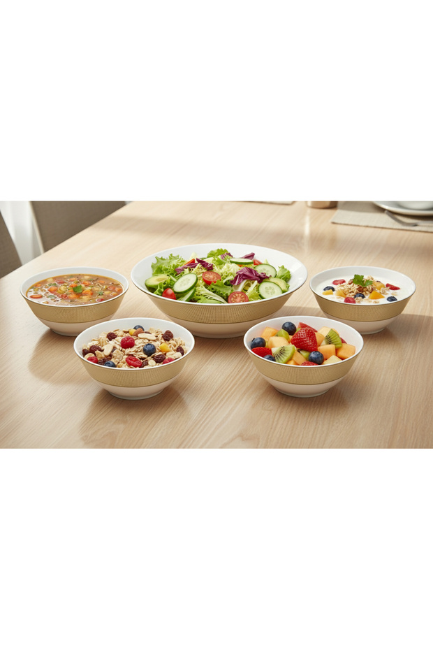 5-Piece Porcelain Serving Bowl Set (4pc x 14cm — 1pc x 23cm) Kitchen Bowls for Salad, Soup