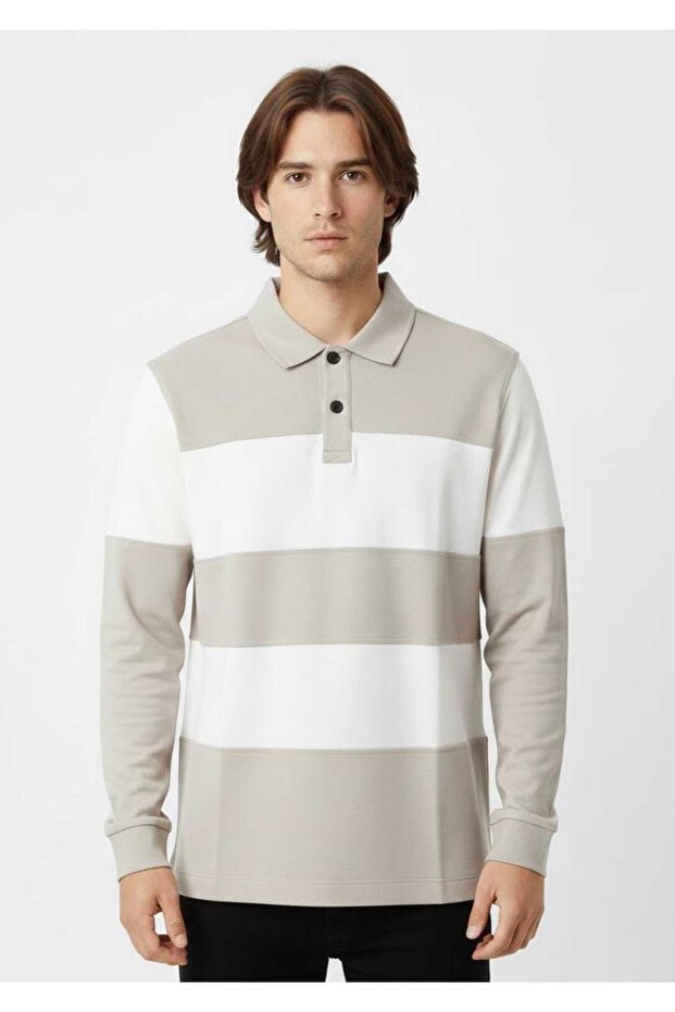 Polo Collar Color Block Soft Textured Sweatshirt