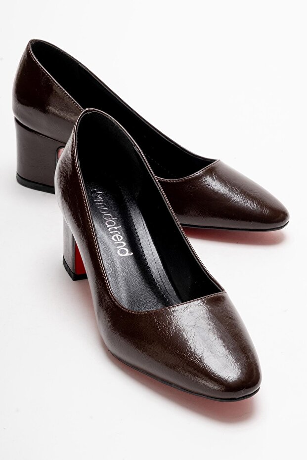 Women's Mirrored Heel Covered Block Heel Shoes; Brown Wrinkled