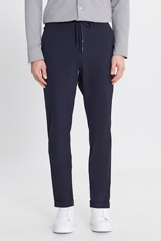 Men's Navy Blue 360 All-Direction Stretch Slim Fit Slim Fit Tie-Waist Side Pocket Casual Pants